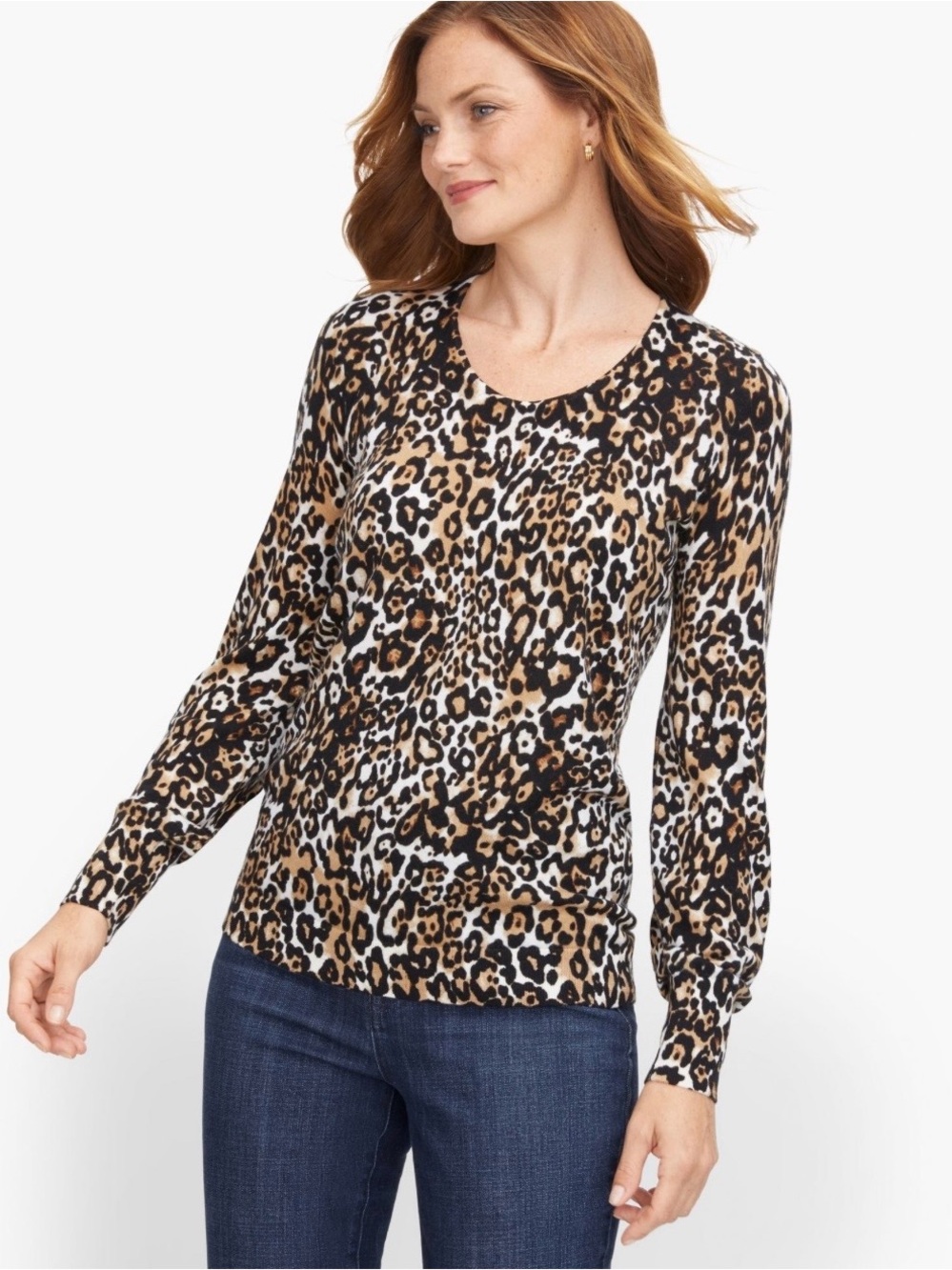 Talbots 100% Merino Wool Sweater Size Large Leopard Cheetah Animal Print V Neck